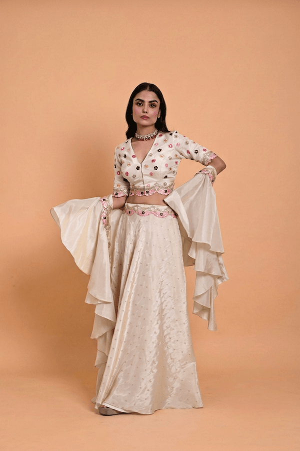 Ivory Tissue Silk Hand Embroidered Lehenga with Ruffle Dupatta - Anvi Couture