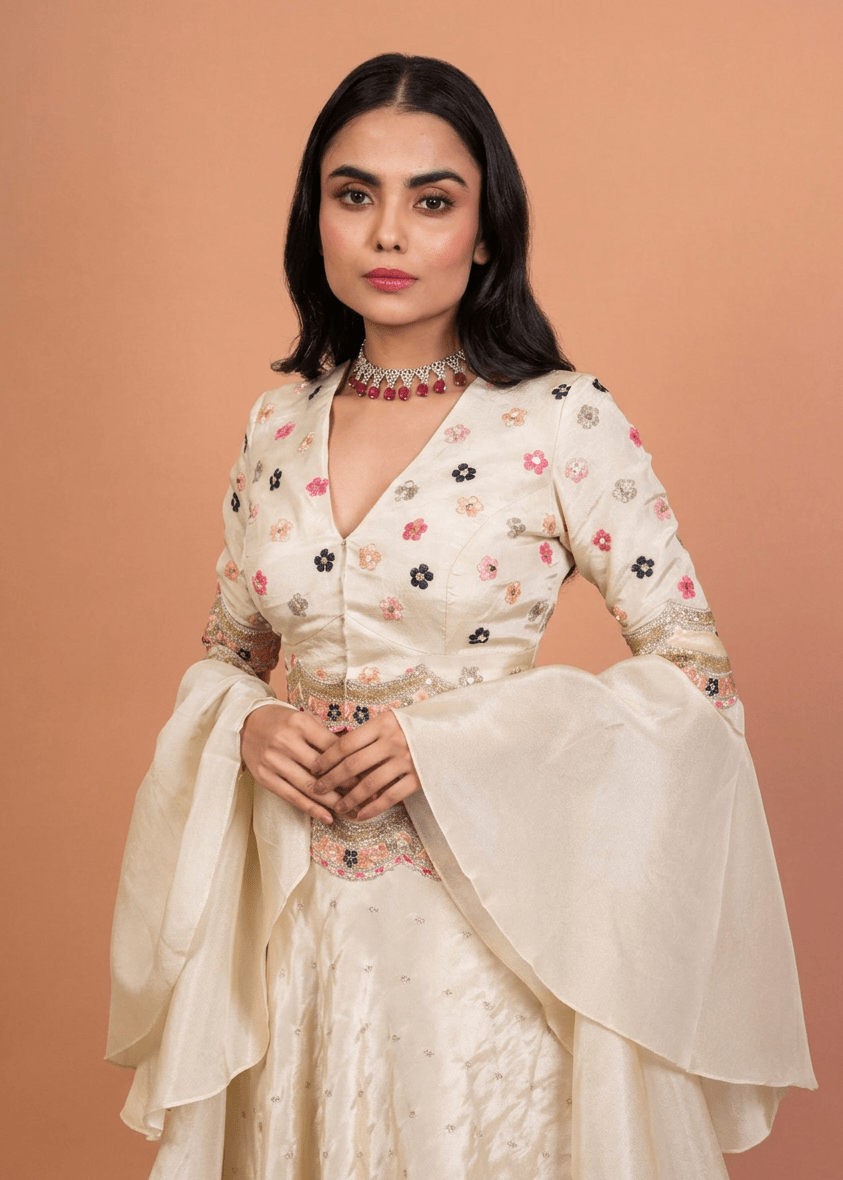 Ivory Tissue Silk Hand Embroidered Lehenga with Ruffle Dupatta - Anvi Couture