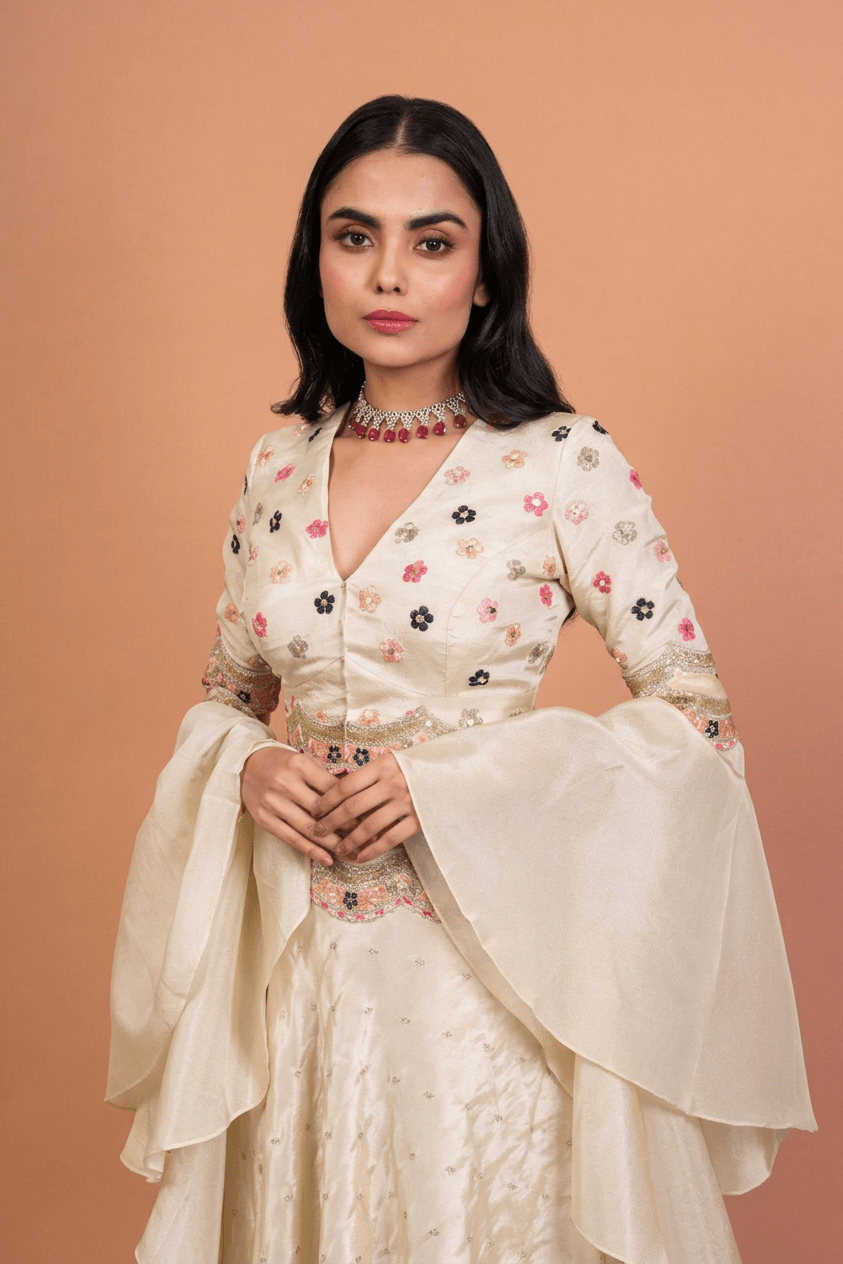 Ivory Tissue Silk Hand Embroidered Lehenga with Ruffle Dupatta - Anvi Couture
