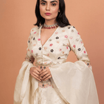 Ivory Tissue Silk Hand Embroidered Lehenga with Ruffle Dupatta - Anvi Couture