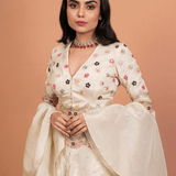 Ivory Tissue Silk Hand Embroidered Lehenga with Ruffle Dupatta - Anvi Couture