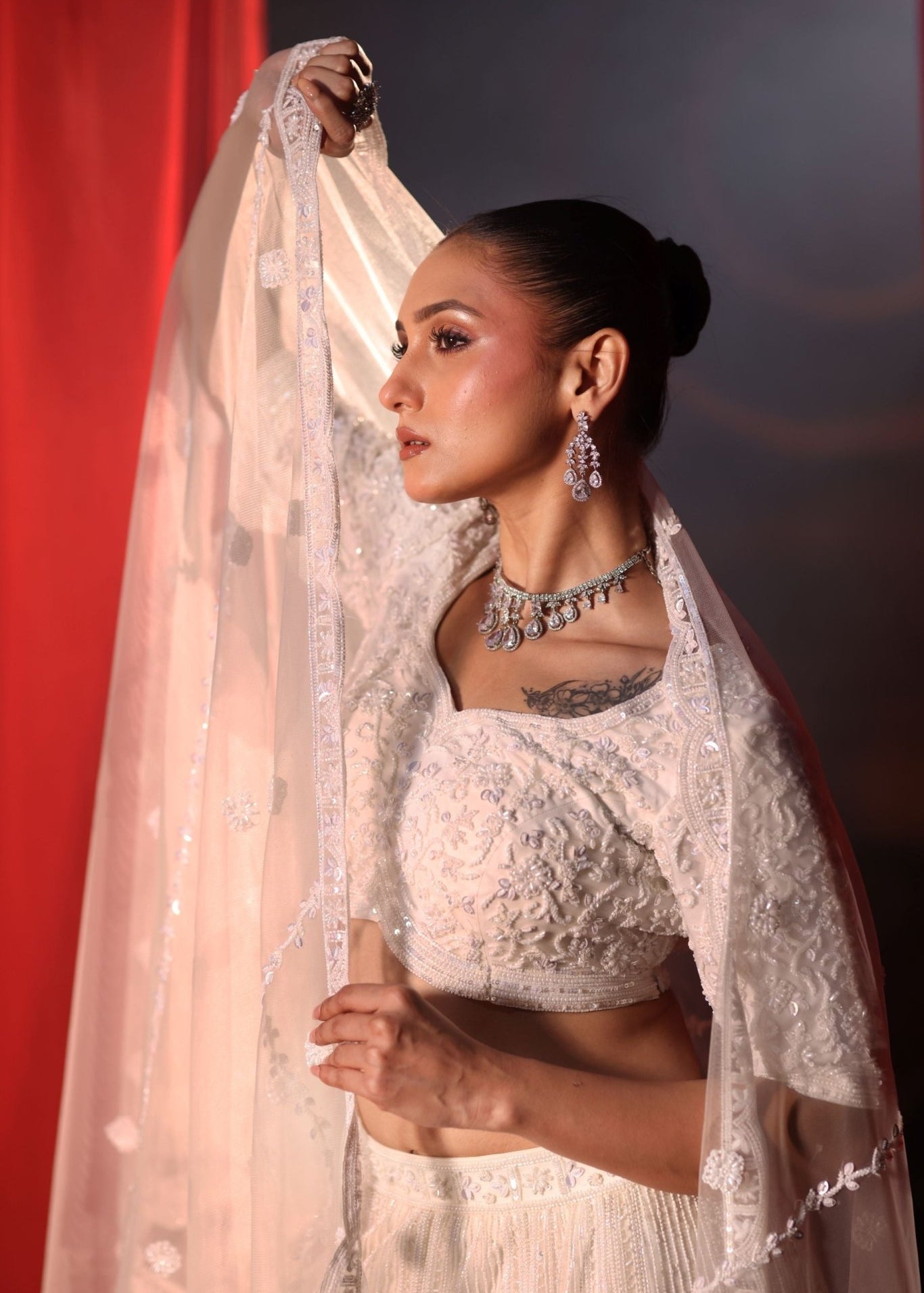 Ivory White Bridal Lehenga set in Pearl Hand Embroidery - Side