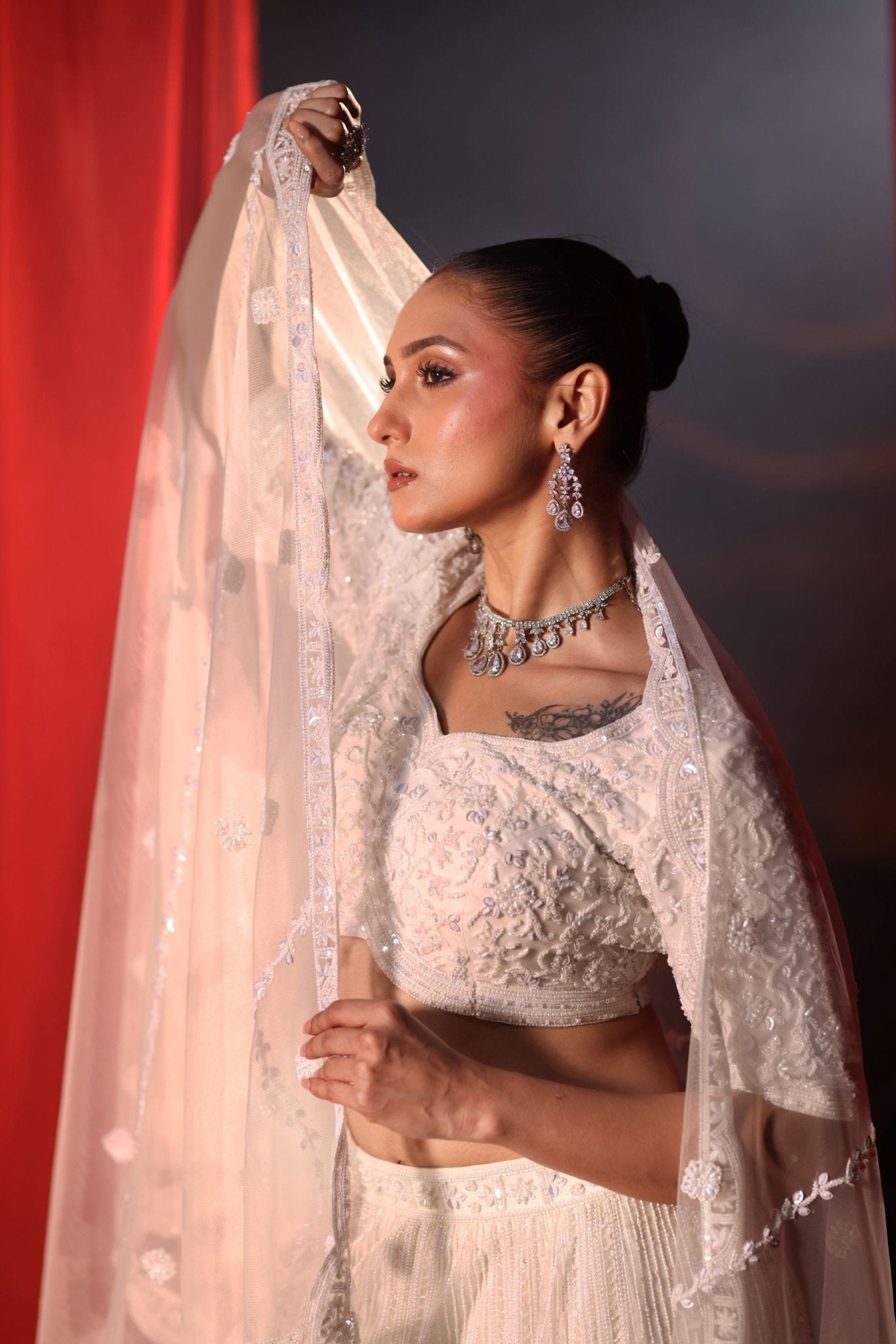 Ivory White Bridal Lehenga set in Pearl Hand Embroidery - Side
