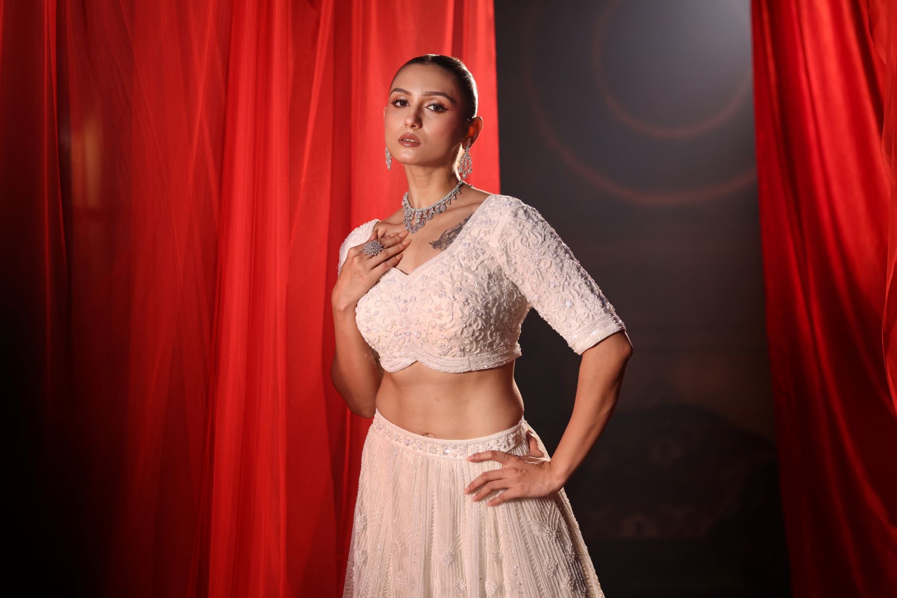 Ivory White Bridal Lehenga set in Pearl Hand Embroidery - Close