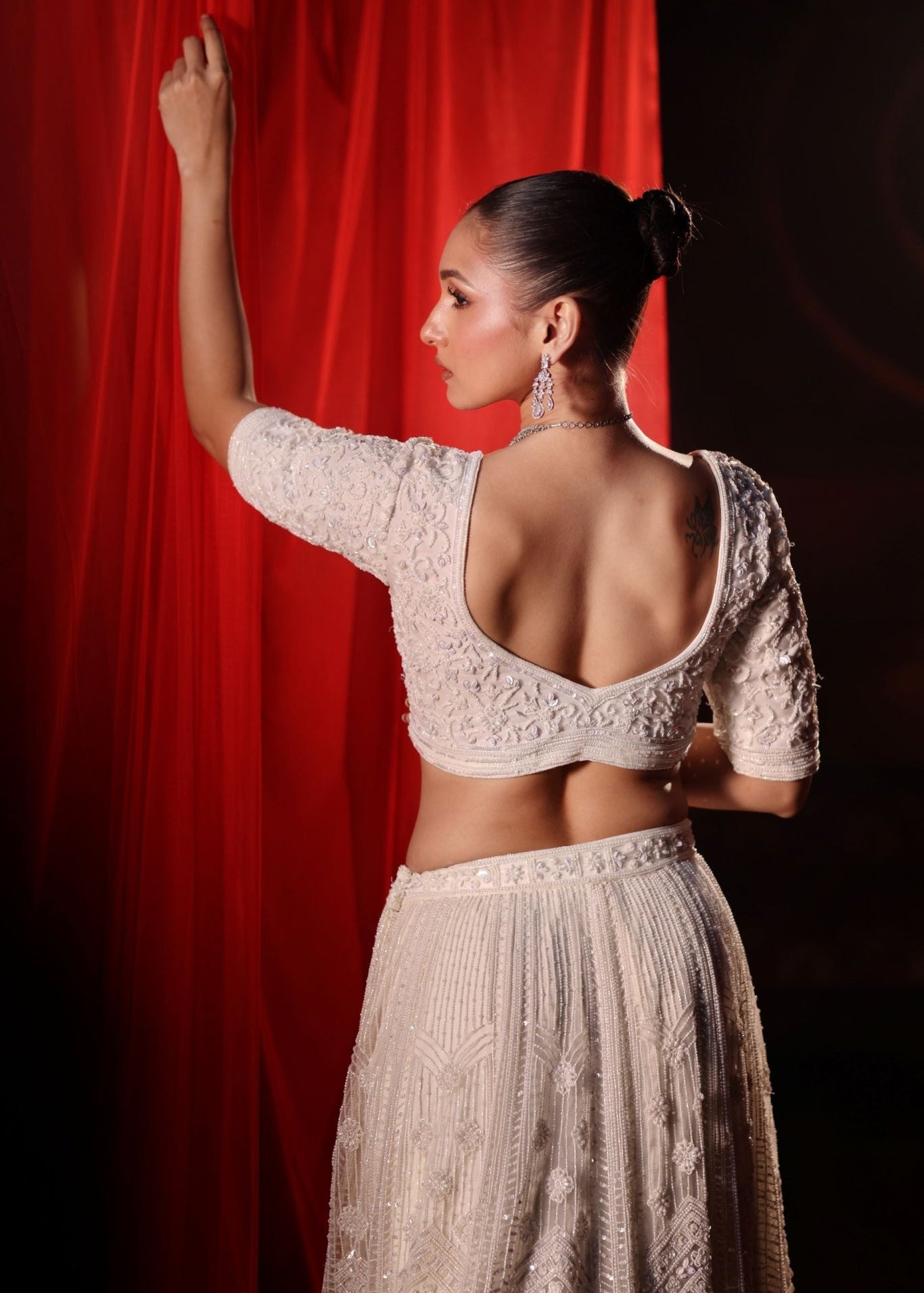 Ivory White Bridal Lehenga set in Pearl Hand Embroidery - Back