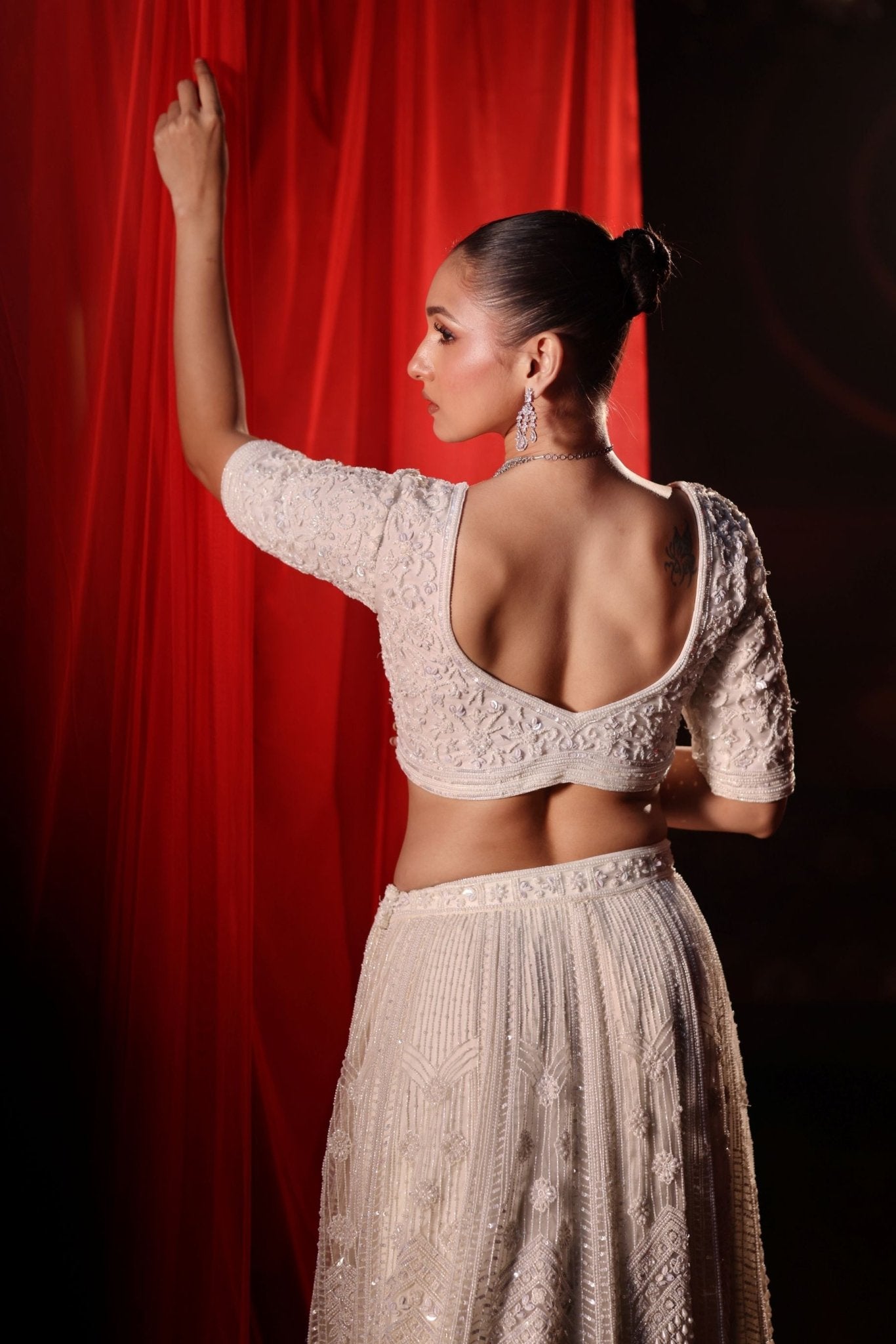 Ivory White Bridal Lehenga set in Pearl Hand Embroidery - Back