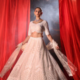Ivory White Bridal Lehenga set in Pearl Hand Embroidery - Front 