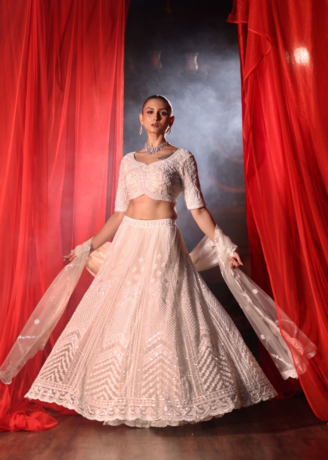 Ivory White Bridal Lehenga set in Pearl Hand Embroidery - Front 