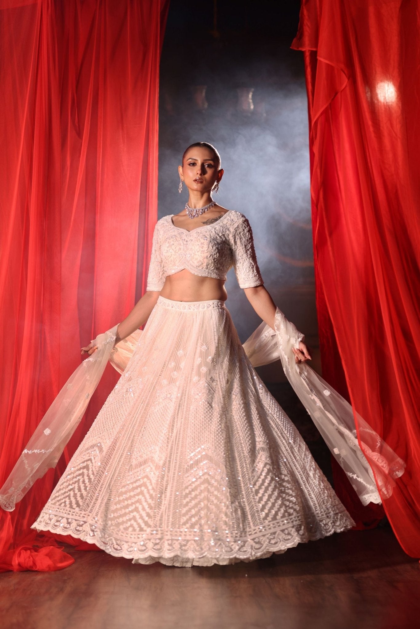 Ivory White Bridal Lehenga set in Pearl Hand Embroidery - Front 