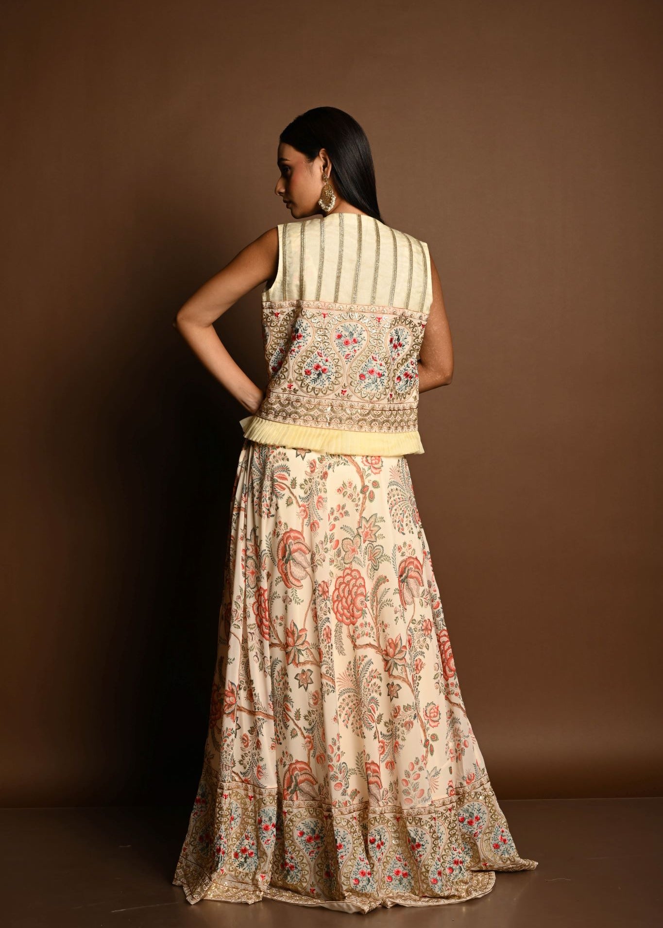 Ivory White Floral Print lehenga with Embroidered Jacket - Anvi Couture