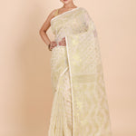 Ivory  and Gold Bangladeshi  Dhakai Jamdani Saree with Golden Bootas full