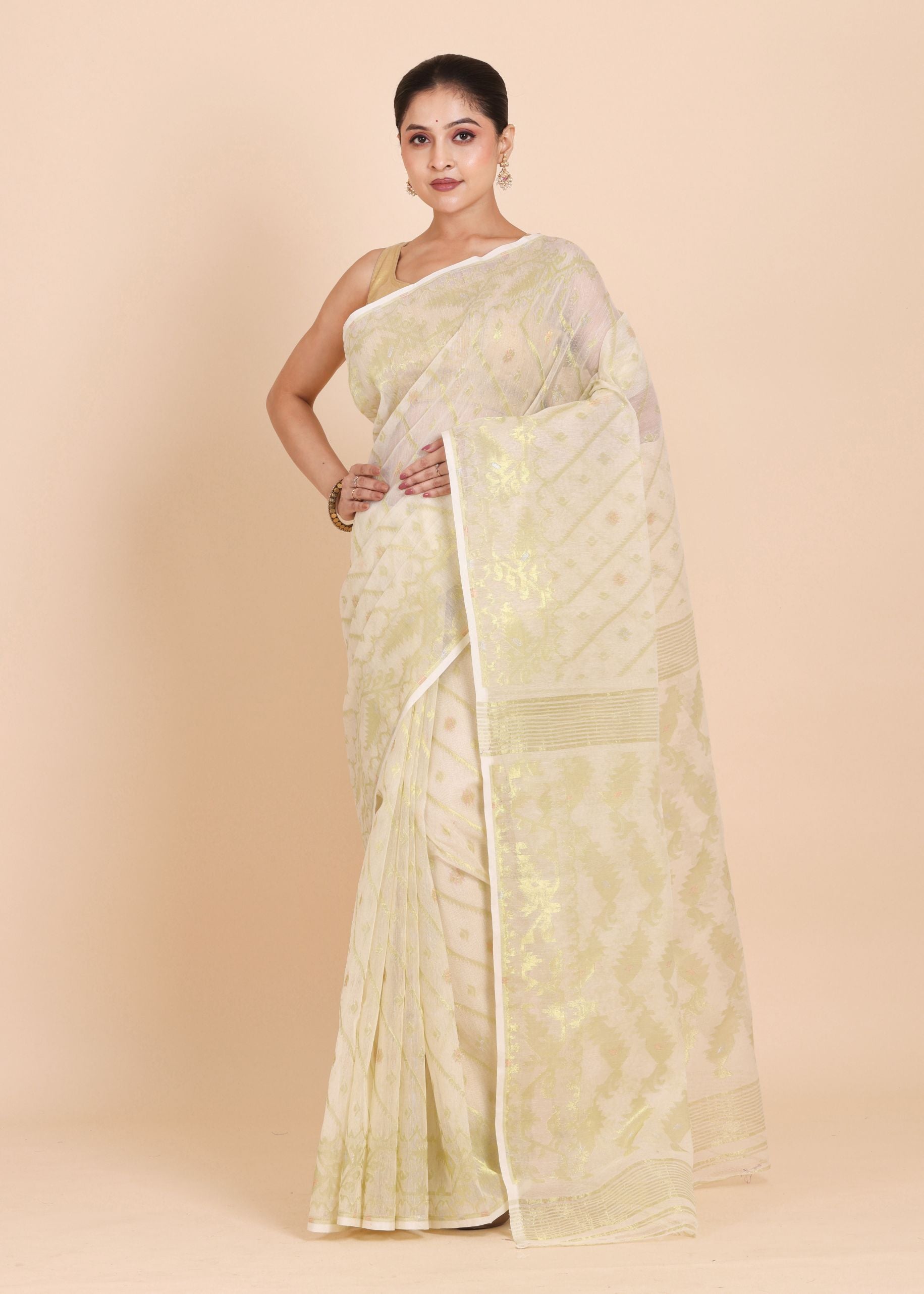 Ivory  and Gold Bangladeshi  Dhakai Jamdani Saree with Golden Bootas full