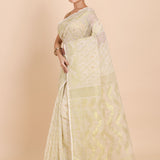 Ivory  and Gold Bangladeshi  Dhakai Jamdani Saree with Golden Bootas front