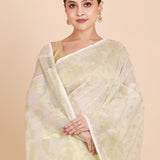 Ivory  and Gold Bangladeshi  Dhakai Jamdani Saree with Golden Bootas close up