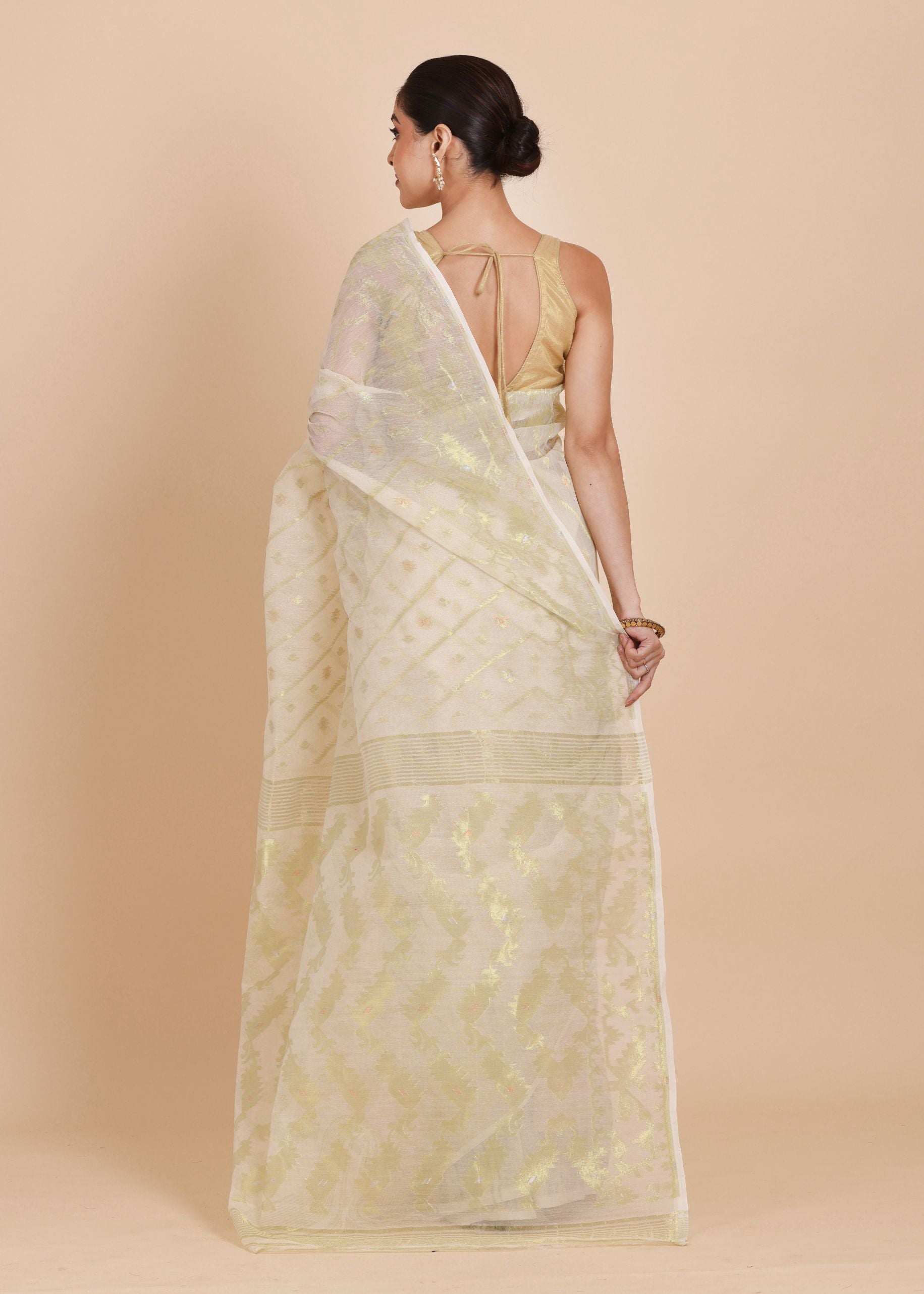Ivory  and Gold Bangladeshi  Dhakai Jamdani Saree with Golden Bootas back