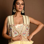 Ivory floral print lehenga — front view of hand-embroidered jacket overlay with floral skirt
