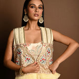 Ivory floral print lehenga — front view of hand-embroidered jacket overlay with floral skirt