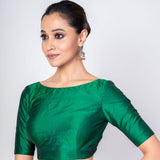 Jungle Green Boat Neck Blouse with Elbow Sleeves & V - Cut Back Closure - Anvi Couture