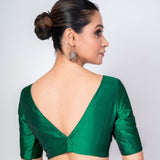 Jungle Green Boat Neck Blouse with Elbow Sleeves & V - Cut Back Closure - Anvi Couture