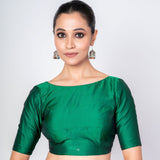 Jungle Green Boat Neck Blouse with Elbow Sleeves & V - Cut Back Closure - Anvi Couture