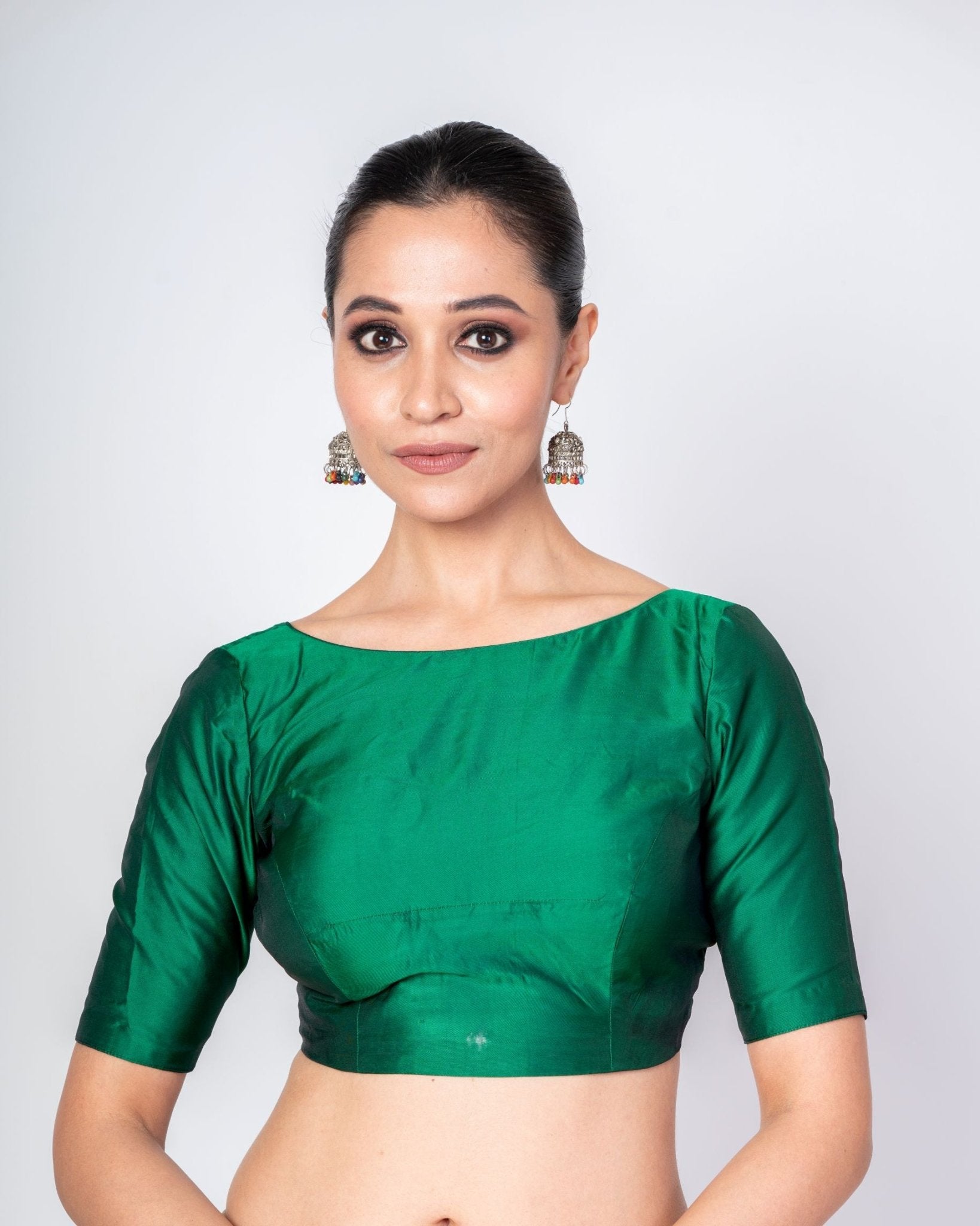 Jungle Green Boat Neck Blouse with Elbow Sleeves & V - Cut Back Closure - Anvi Couture