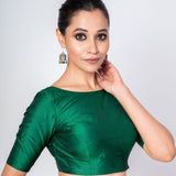 Jungle Green Boat Neck Blouse with Elbow Sleeves & V - Cut Back Closure - Anvi Couture