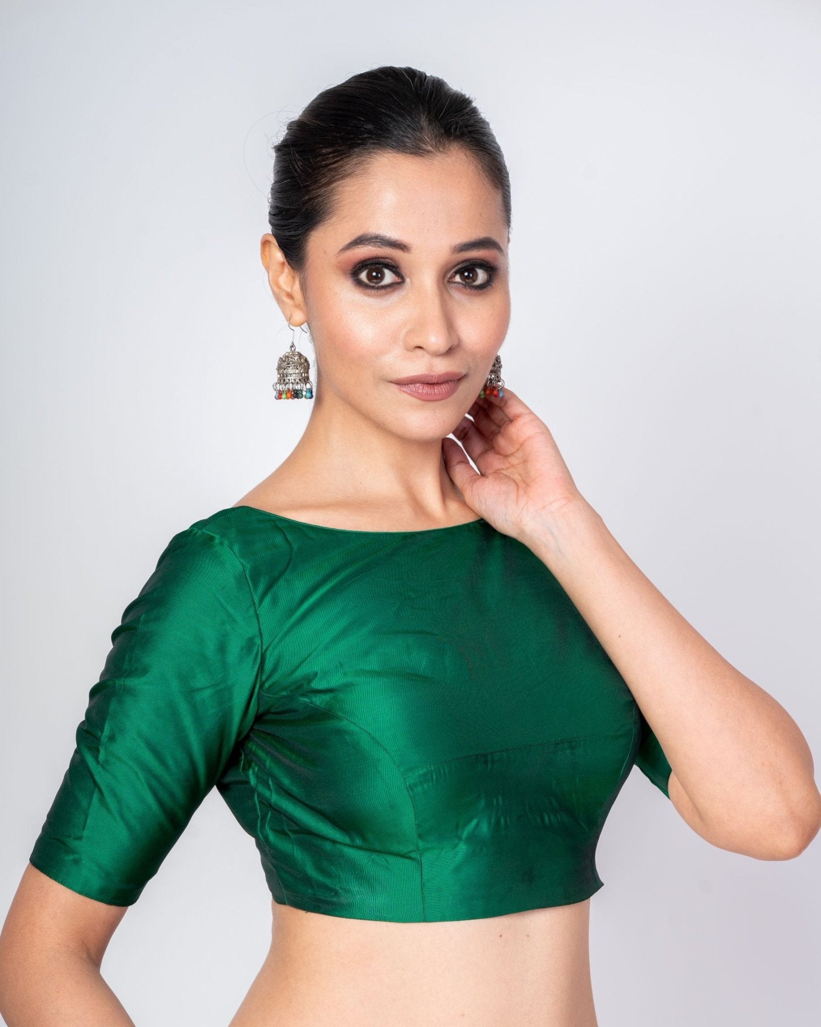 Jungle Green Boat Neck Blouse with Elbow Sleeves & V - Cut Back Closure - Anvi Couture