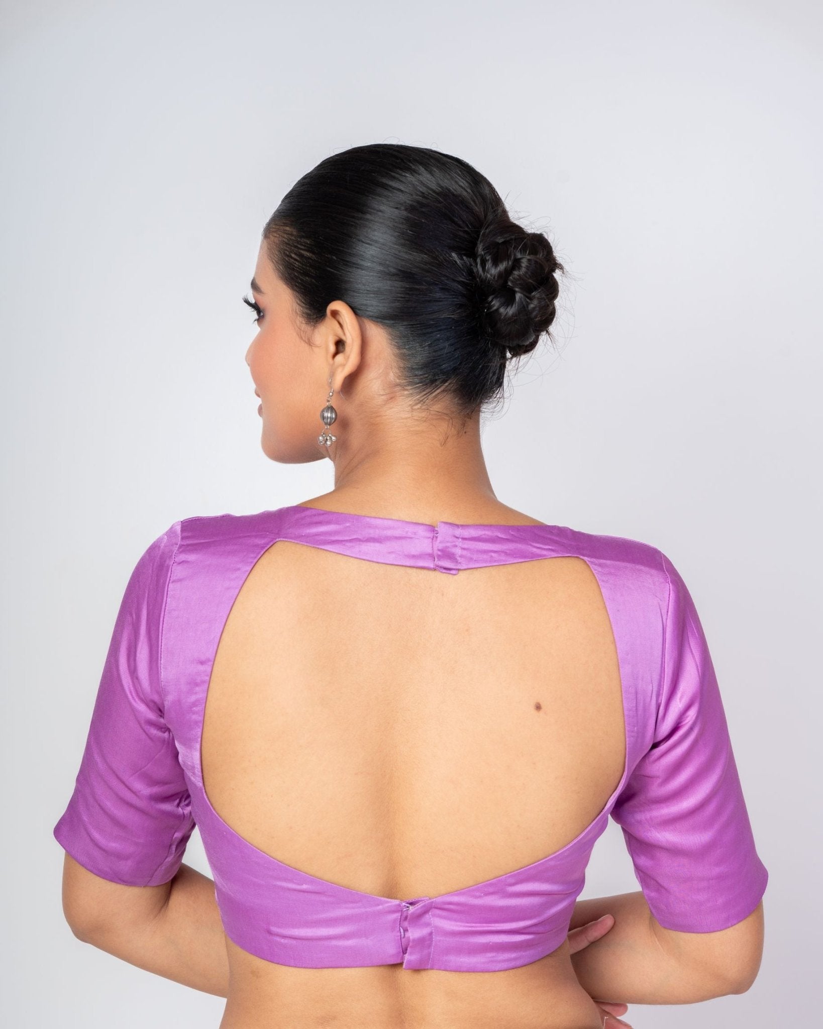Modern Lavender Broad Square Neck Blouse with Backless design in premium silk 