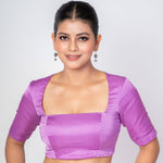 Lavender Broad Square Neck Raw Silk Blouse with Backless & Elbow Sleeves 