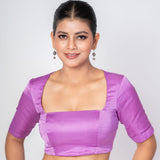 Lavender Broad Square Neck Raw Silk Blouse with Backless & Elbow Sleeves 