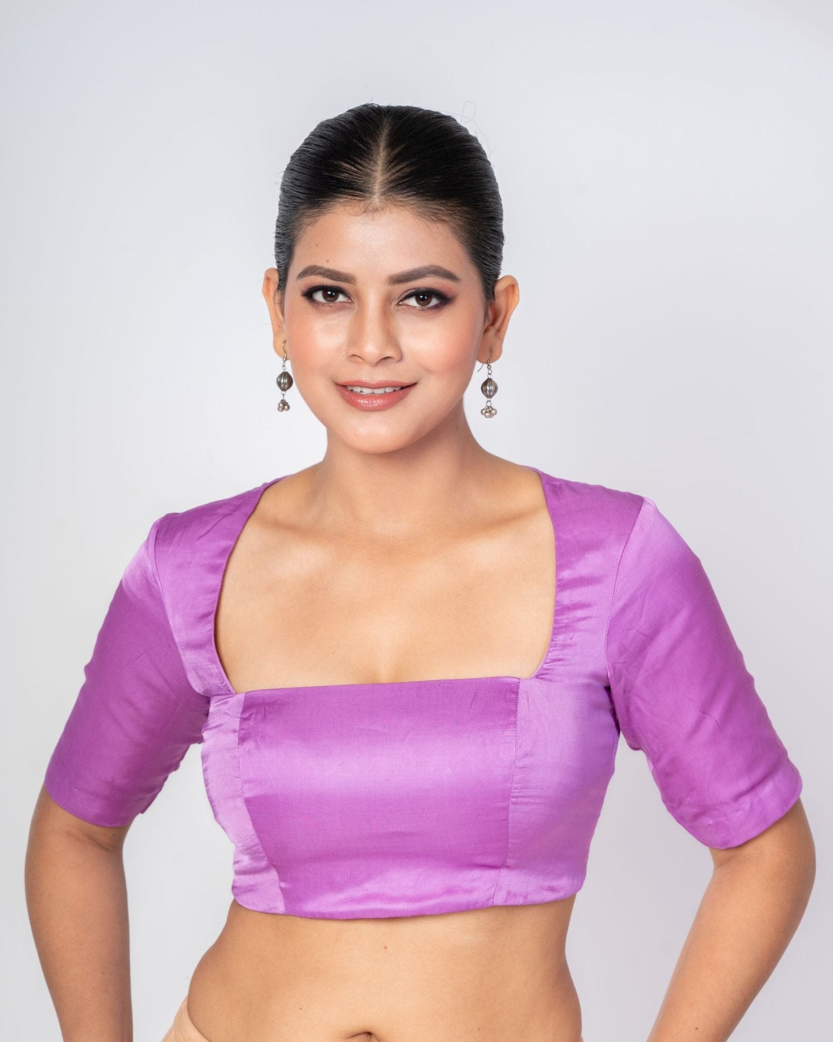 Lavender Broad Square Neck Raw Silk Blouse with Backless & Elbow Sleeves 