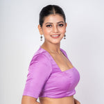 Bright Lavender Square Neck Raw Silk Blouse paired well with traditional Indian saree