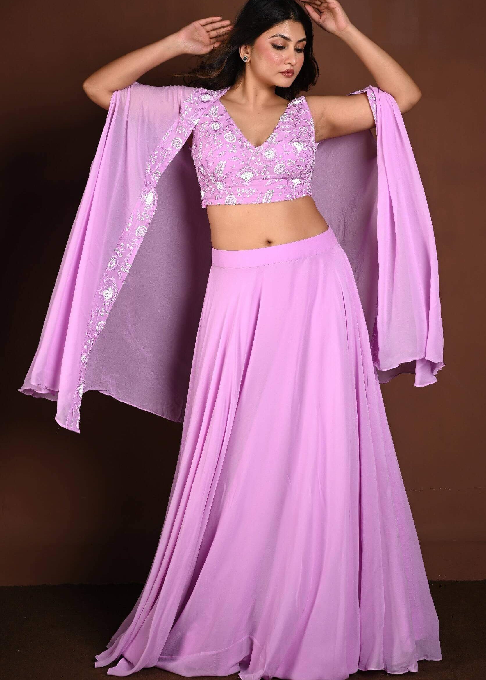 Lavender Cape Lehenga Set with Embroidered Work - Anvi Couture