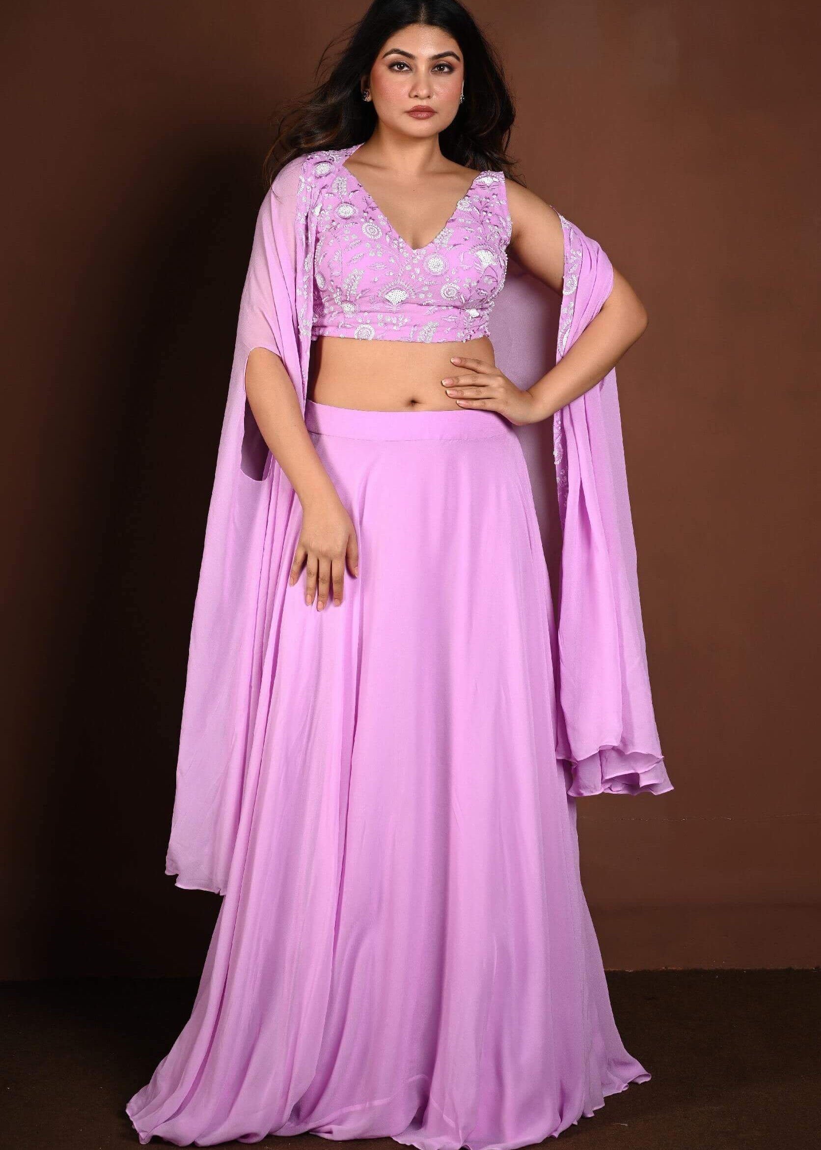 Lavender Cape Lehenga Set with Embroidered Work - Anvi Couture