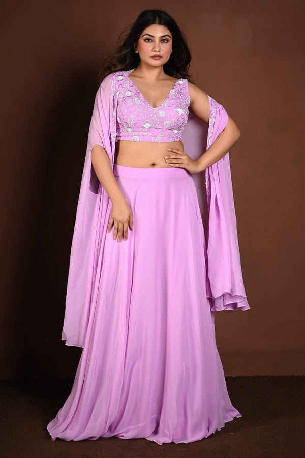 Lavender Cape Lehenga Set with Embroidered Work - Anvi Couture - Front 1