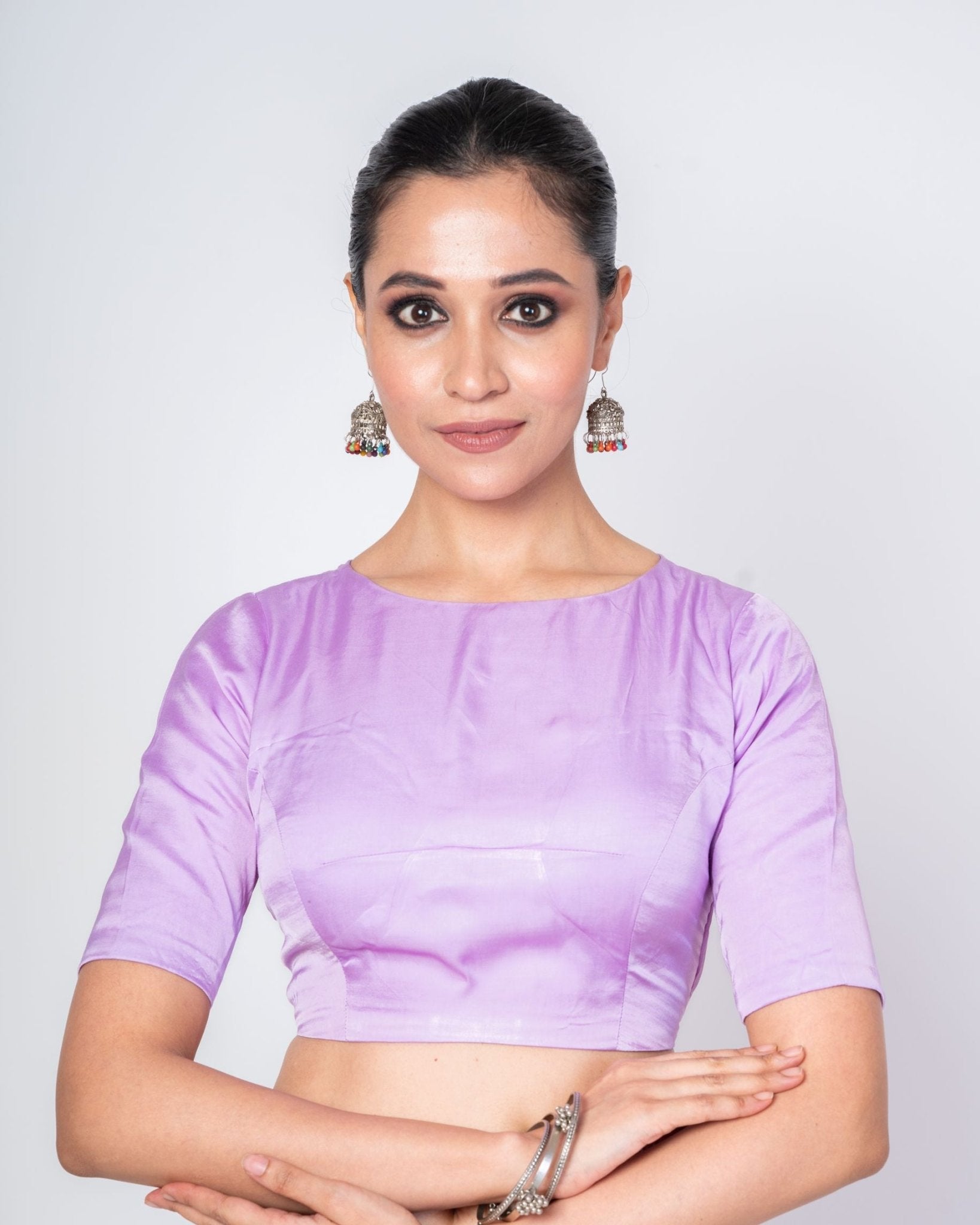 Lavender Color Close Neck Elbow Sleeve Blouse with Dome Back Cut - Out - Anvi Couture