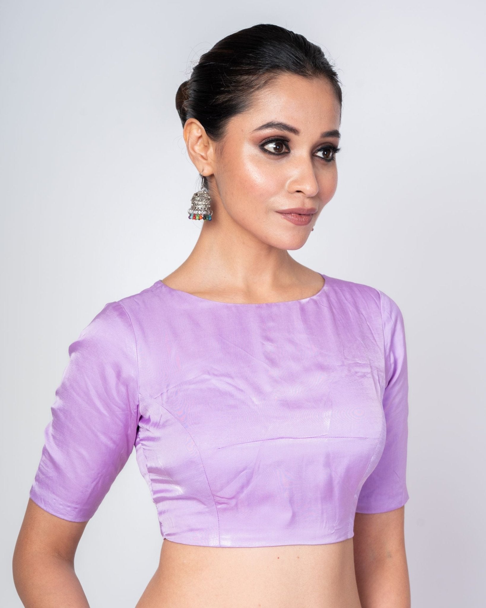Lavender Color Close Neck Elbow Sleeve Blouse with Dome Back Cut - Out - Anvi Couture