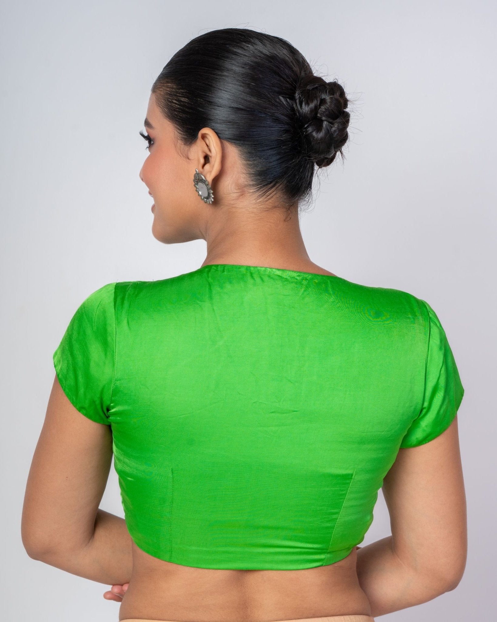 Lawn Green Short Sleeves V Neckline Satin Silk Blouse - Anvi Couture