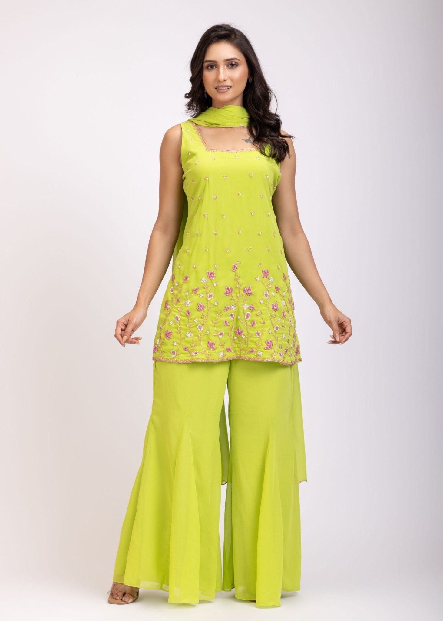 Lemon Green Hand Embroidered Sharara Set - Anvi Couture