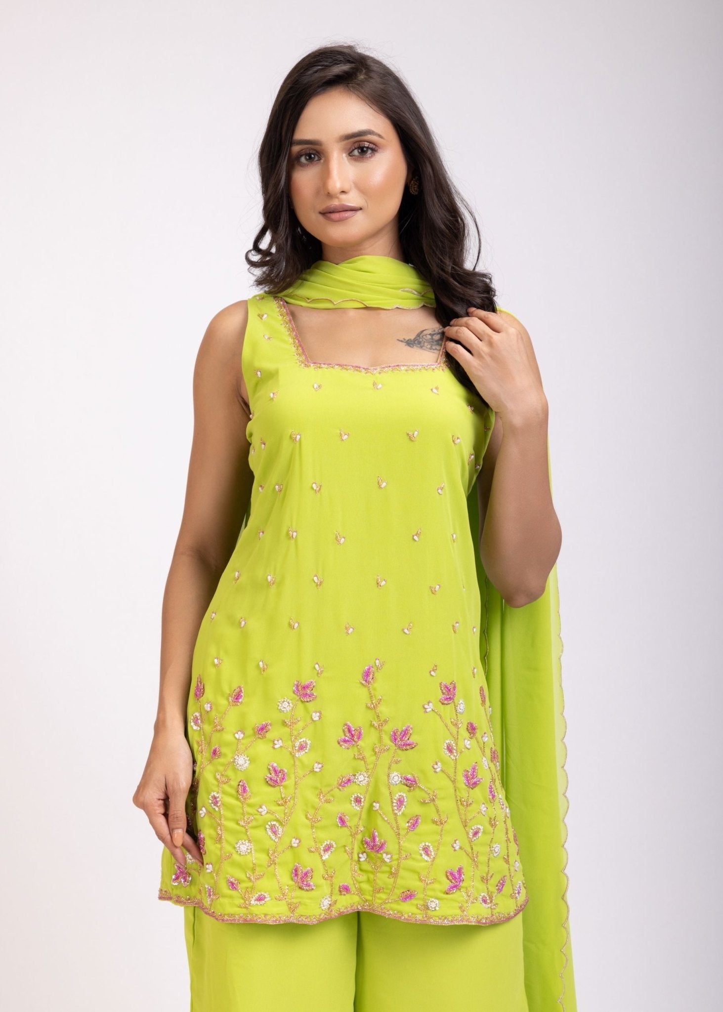 Lemon Green Hand Embroidered Sharara Set - Anvi Couture