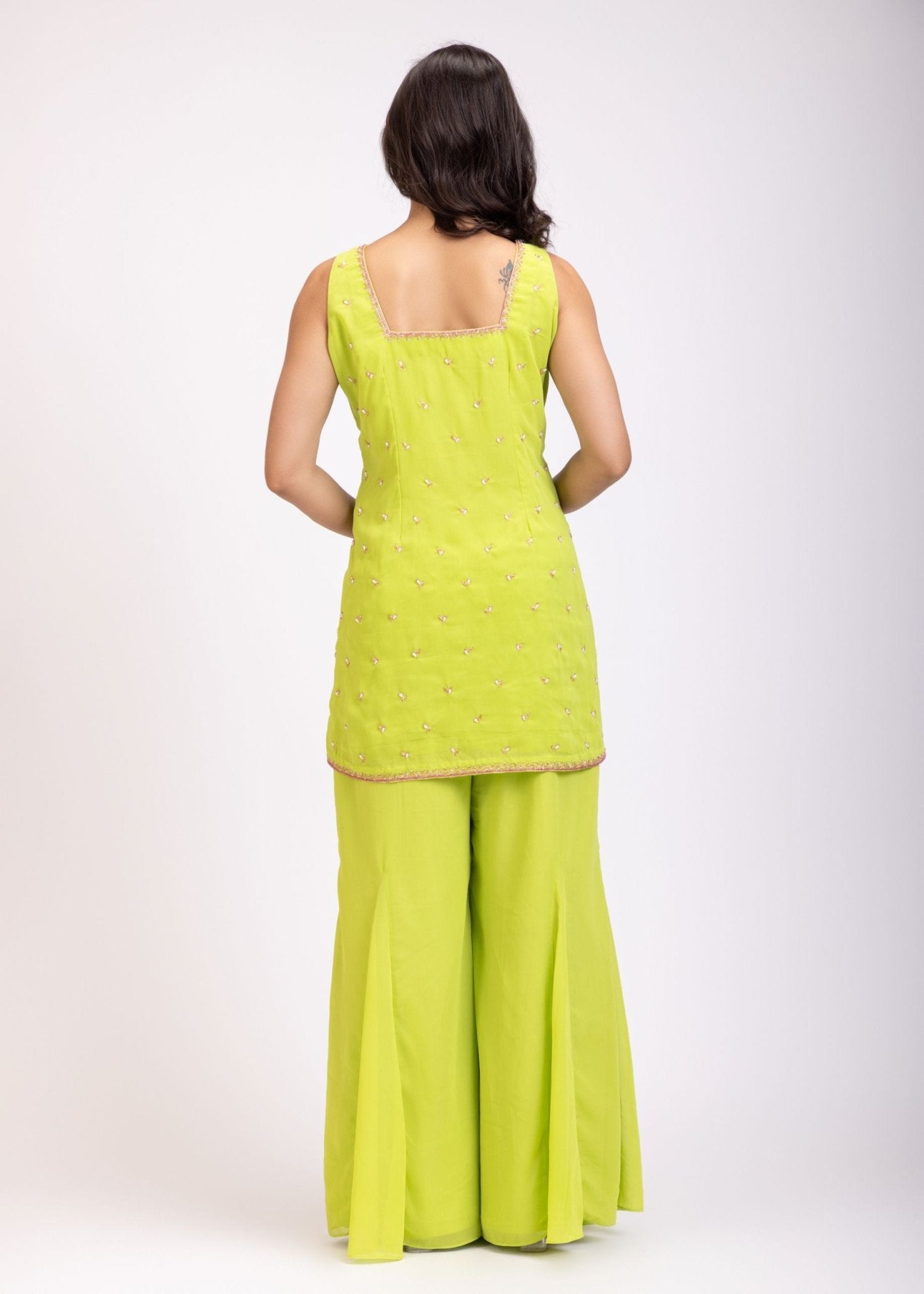 Lemon Green Hand Embroidered Sharara Set - Anvi Couture