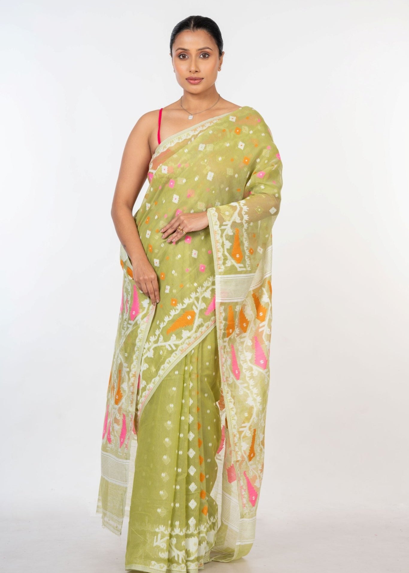 Lemon Green Handloom Jamdani Saree - Anvi Couture
