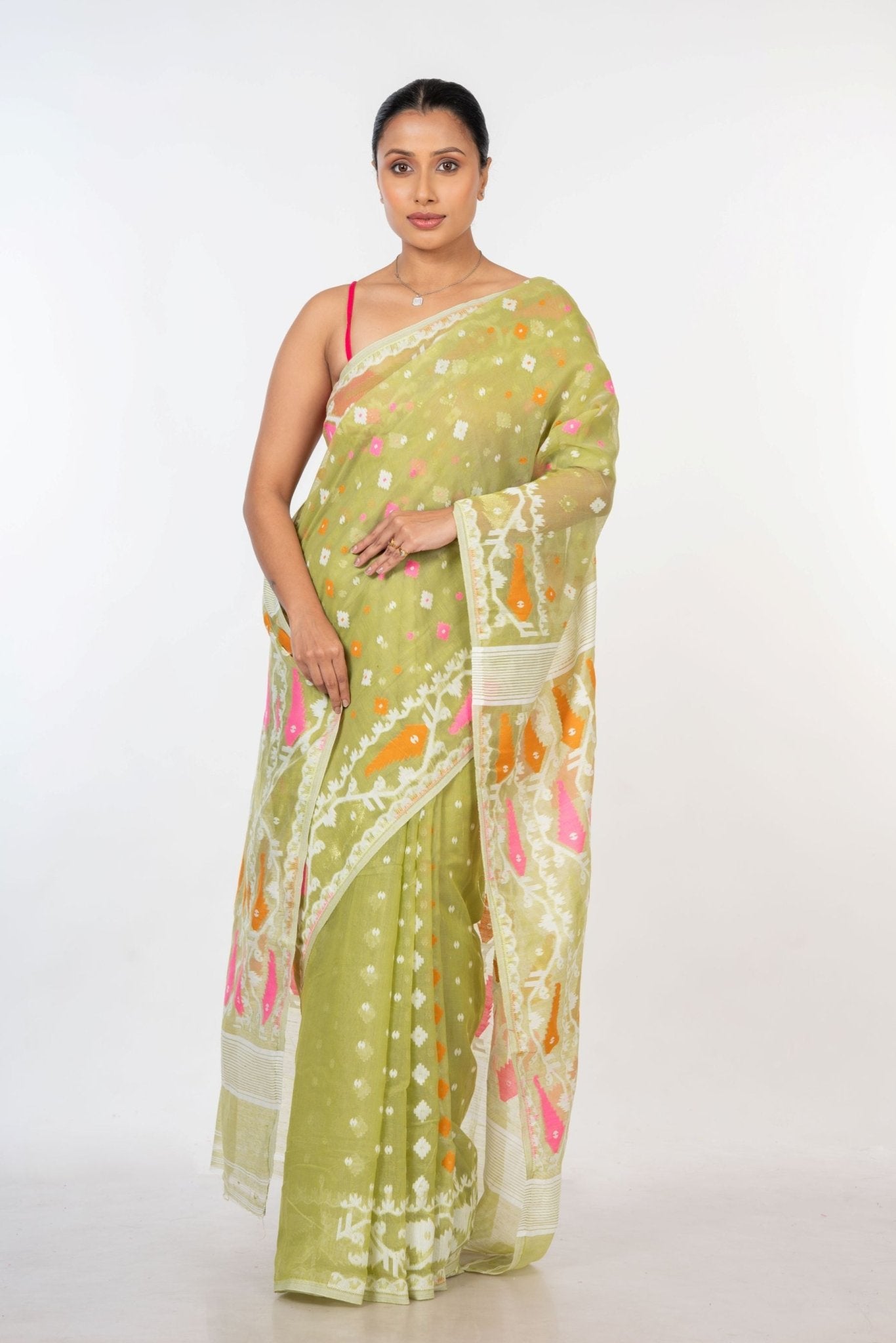 Lemon Green Handloom Jamdani Saree - Anvi Couture