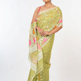 Lemon Green Handloom Jamdani Saree - Anvi Couture