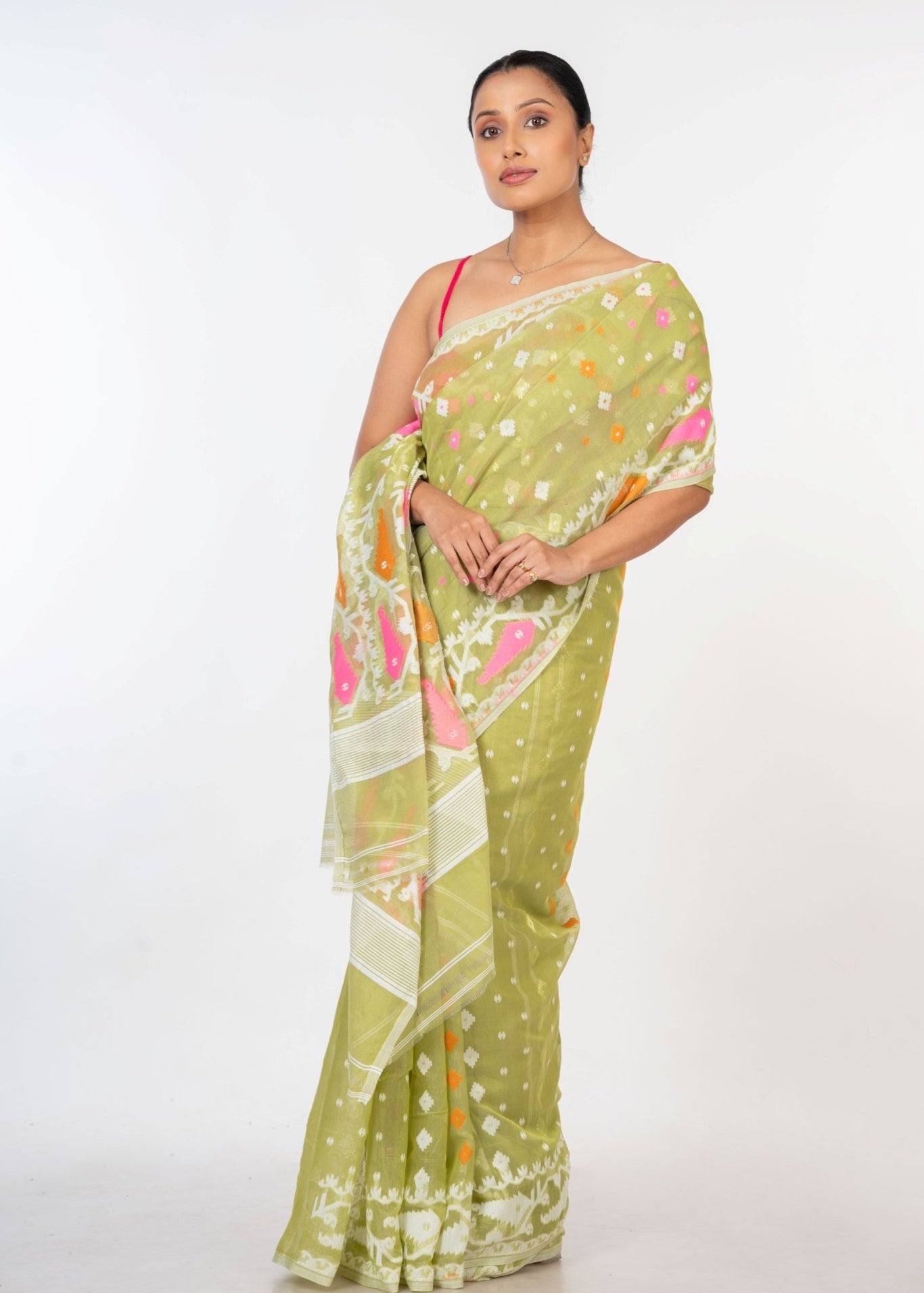 Lemon Green Handloom Jamdani Saree - Anvi Couture