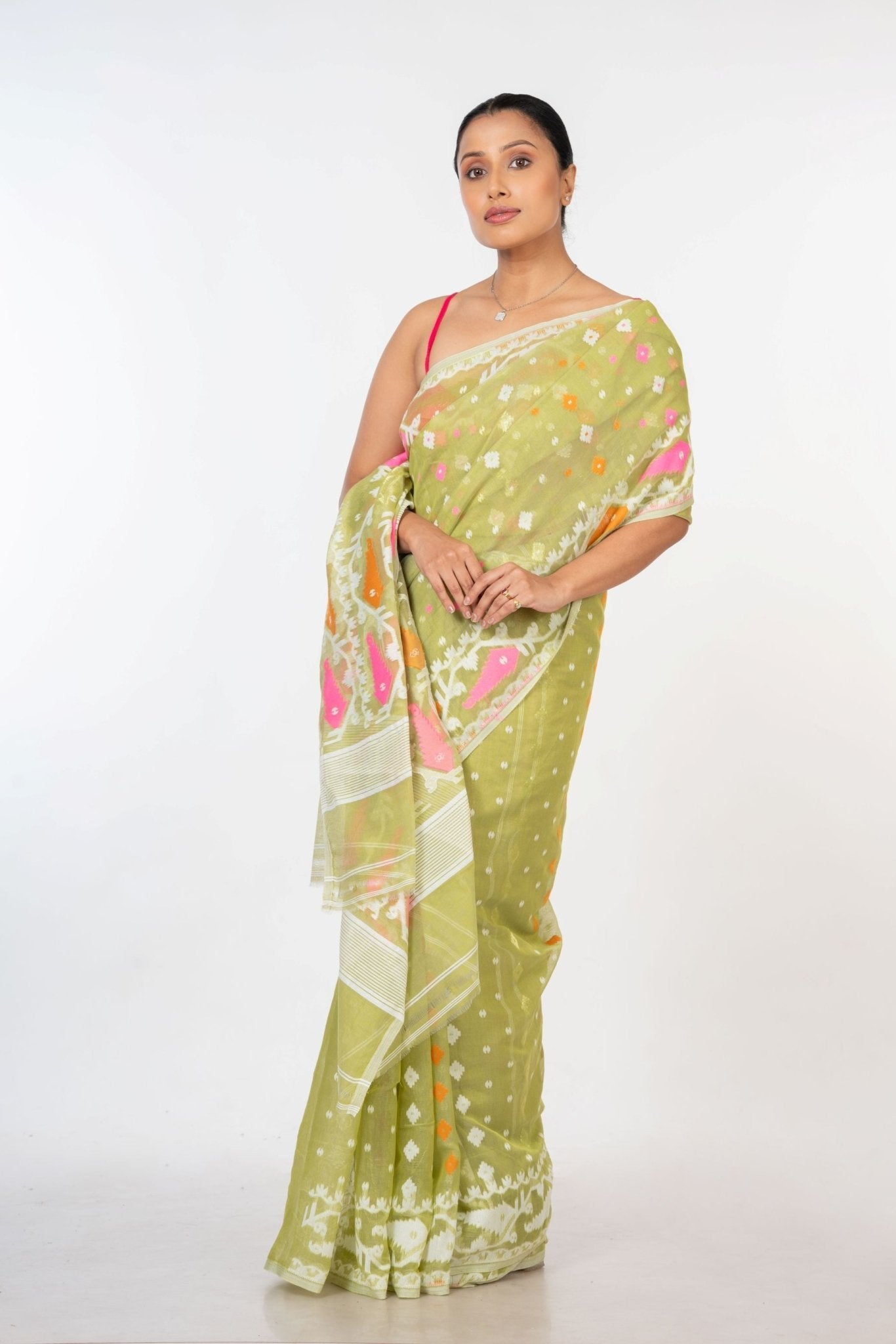Lemon Green Handloom Jamdani Saree - Anvi Couture