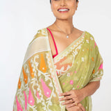 Lemon Green Handloom Jamdani Saree - Anvi Couture