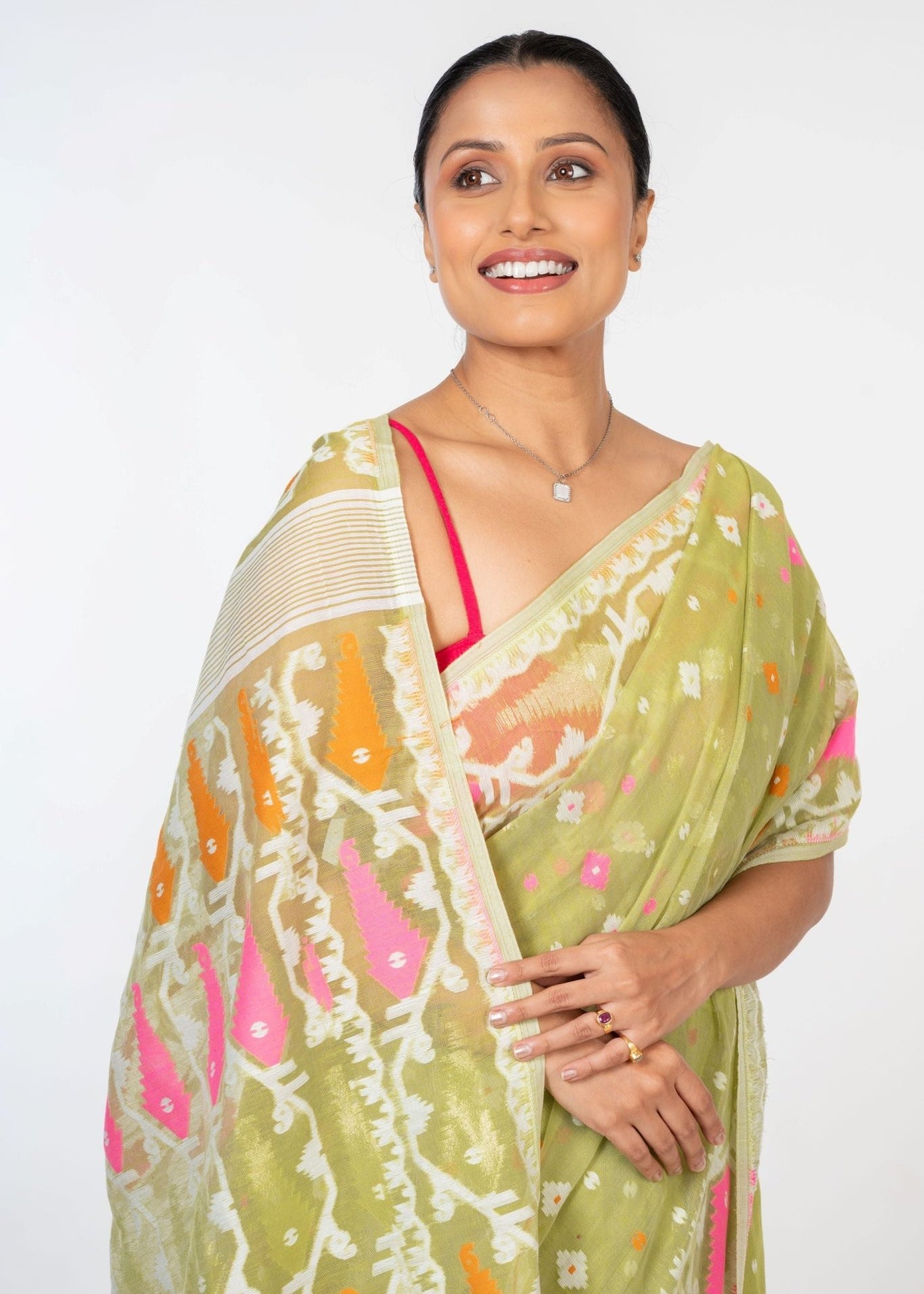 Lemon Green Handloom Jamdani Saree - Anvi Couture
