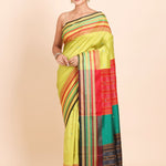 Lemon Green Ikat Silk Saree With Multicolor Border and Pallu - Anvi Couture