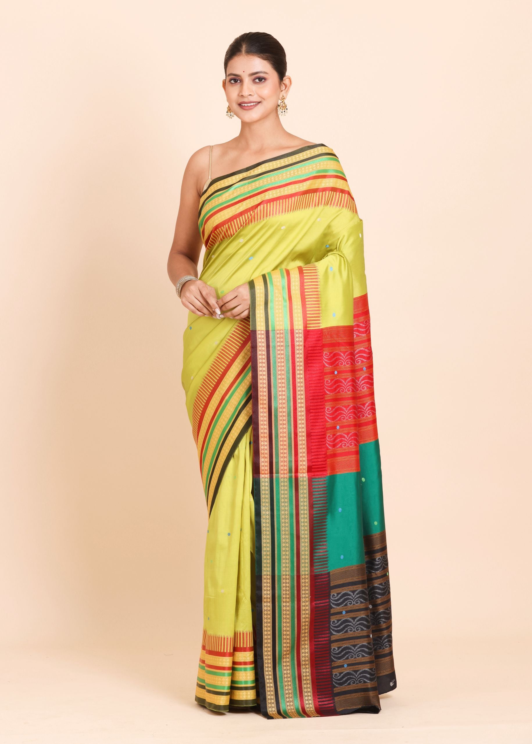 Lemon Green Ikat Silk Saree With Multicolor Border and Pallu full